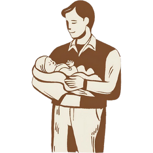 A cartoon image of a father holding a newborn baby.